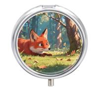 Leisure Fox Pill Case with Mirror Retro 3 Compartment Small Pill Organizer Metal Round Pill Box or Vitamins Fish Oil Supplement Pill Container for Travel Purse Pocket