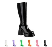 Leisure Patent Leather Boots, Mid-Height Gear Boots, Long Shaft Boots, Women's Elegant with Zip, Slim Over-the-knee Boots, Round Toe Leather Boots, Black Half Boots with Chunky Heel, black, 5 UK