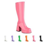 Leisure Patent Leather Boots, Mid-Height Gear Boots, Long Shaft Boots, Women's Elegant with Zip, Slim Over-the-knee Boots, Round Toe Leather Boots, Black Half Boots with Chunky Heel, pink, 5 UK