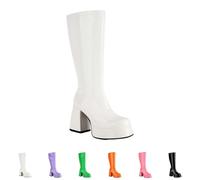 Leisure Patent Leather Boots, Mid-Height Gear Boots, Long Shaft Boots, Women's Elegant with Zip, Slim Over-the-knee Boots, Round Toe Leather Boots, Black Half Boots with Chunky Heel, White, 8 UK