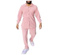 Leisure Suit Men's Two-Piece Baggy Cord Set Plain 2-Piece Long Sleeve Button-Up Lapel Shirt and Shorts Set Summer Hawaiian Outfit Sleepwear Leisure Suit Comfortable Pyjamas Set, red, M