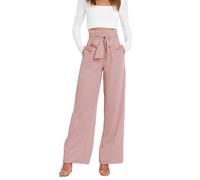 Leisure Trousers Women's Summer Trousers Plain Wide Leg Lounge Casual Trousers Elastic High Waist Cropped Trousers Suit Trousers with Belt Stretchy Waistband Elegant with Bow Casual Work ( Color : Pin