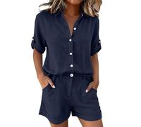 Leisure Wear Sets for Women UK Womens Cotton Linen 2 Piece Outfits Shorts Coord Sets ummer Short Sleeve Button Down Shirts and Loose Wide Leg Shorts Travel Outfit Airport Set Lounge Wear Tracksuits