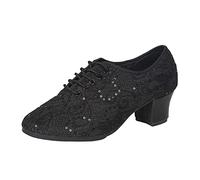 Leisure Women's Sequins Soft Sole Solid Colour Non-Slip Square Heels Lace-up Shoes Round Toe Breathable Dance Shoes, black, 6 UK