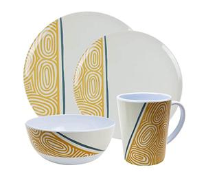 Leisurewize - 16-Piece Melamine Dinner Set | 4 Plates, 4 Side Plates, 4 Bowls, 4 Mugs | Lightweight, Heat Resistant, Dishwasher Friendly | Camping Motorhome Travel Cookery (Kakado)