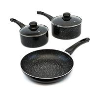 Leisurewize - 3-Piece Induction Pan Set | 2 Sauce Pan's with Lids, 1 Lightweight Frying Pan | Non-Stick Marble Coating Bakelite Heat Resistant Stainless Steel Base Induction Hob Pans LW701