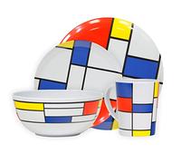 Leisurewize LWACC379 Melamine 16 Pcs Dinner Set - Plates, Bowls, Mugs, Side Plates - De Stijl, Artist Design, Heat Resistant, Dishwasher Safe