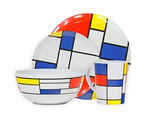 Leisurewize LWACC379 Melamine 16 Pcs Dinner Set - Plates, Bowls, Mugs, Side Plates - De Stijl, Artist Design, Heat Resistant, Dishwasher Safe