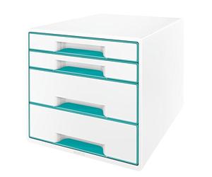 Leitz 4 A4 Drawer Cabinet, Organiser with Marker Pen and Transparent Tray, Wow Range, White/Metallic Ice Blue