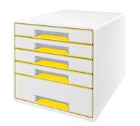 Leitz 5 A4 Drawer Cabinet with Marker Pen and Transparent Tray, Organiser, Wow Range, White/Yellow