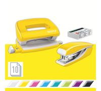 Leitz 55612016 Mini Stapler and Hole Punch Set, Staple or Punch Up to 10 Sheets, Includes P2 N°10 Staples, WOW Range, Yellow