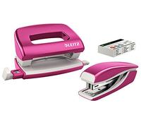 Leitz 55612023 Mini Stapler and Hole Punch Set, Staple or Punch Up to 10 Sheets, Includes P2 N°10 Staples, WOW Range, Metallic Pink