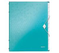 Leitz A4 Divider Book, Holds Up to 200 Sheets, Integrated Index with 12 Compartments, Elastic Closure, Metallic Ice Blue, WOW Range, 46340051