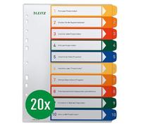 Leitz A4 Index Tabs, Pack of 10, 1-10, 10 Dividers, Writeable Cover Sheet, Extra Wide, Polypropylene, Multi-Colour, 12930000