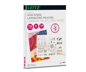 Leitz A4 Speed hot laminating pouches, pack of 100, glossy, transparent, film thickness 125 mic, laminating pouches for 30% faster lamination, premium quality, 74300002