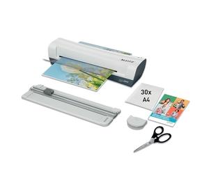 Leitz iLAM Home A4 Laminator DIY Kit, Paper Cutter, Stainless Steel Scissors & Corner Rounder, Hot Laminator Including 30 Laminating Pouches, 75-125 Micron, for Home, Home Office & School, White