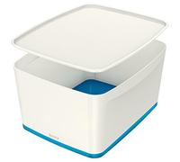 Leitz Large MyBox with Lid, Storage Box for Home and Office, High Gloss Plastic, 18 Litre, A4, White/Blue Metallic