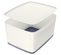 Leitz Large MyBox with Lid, Storage Box for Home and Office, High Gloss Plastic,18 Litre, A4, White/Grey