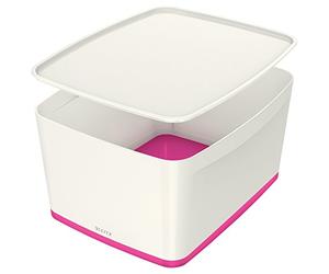 Leitz Large MyBox with Lid, Storage Box for Home and Office, High Gloss Plastic, 18 Litre, A4, White/Pink Metallic