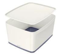 Leitz A4 MyBox Large with Lid, Storage Box for Home and Office, 18 L, Matt Finish, Plastic, BPA Free and Food Safe, White/Grey, 52161001