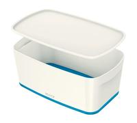 Leitz A5 MyBox Small with Lid, Storage Box for Home and Office, 5 L, High Gloss, Plastic, White/Blue Metallic