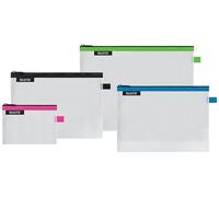 Leitz Set of 4 Leitz Wow Travel Pouches, Water Resistant, Translucent, Ideal for Visible Storage and Organisation, Sizes: Small (A6), Medium (A5), Large (A4) and Cosmetic - Assorted Colours 40160099