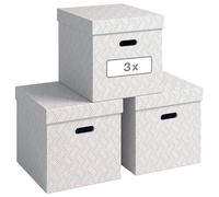 Leitz VON Set of 3 Storage Boxes with Lids, 29 L, White | Cube Cardboard, Geometric Design, For work, school or home