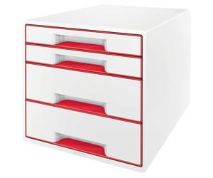 Leitz WOW 4 Drawer Cabinet, A4 Desk Drawer Cabinet with Transparent Organiser Tray, 2 Small 2 Large Drawers, White/Red, 52132026