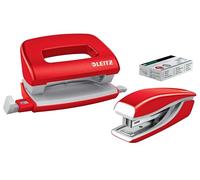 Leitz Wow Mini Stapler and Punch Set Metallic Red, Stapling or Punching up to 10 Sheets + 1000x P2 N°10 Staples 55612026
