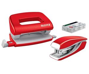 Leitz Wow Mini Stapler and Punch Set Metallic Red, Stapling or Punching up to 10 Sheets + 1000x P2 N°10 Staples 55612026