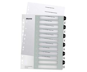 Leitz WOW Printable Index, Extra-Wide, 1-12 Numbered Tabs, PP, A4, White/Black, 12160000