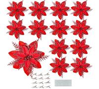 Leixi 16pcs Christmas Poinsettia Artificial Flowers, Red, 5.5" Glitter | With Stems & Clips for Wreath,Christams Tree,Holiday Ornament Home deocr