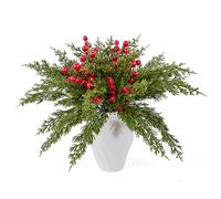 Leixi 48Pcs Christmas Artificial Pine Branches with Red Berry Stems,31CM | Fake Norfolk Pine Picks Ideal For XMAS Wreath,Making DIY Crafts Home Decoration
