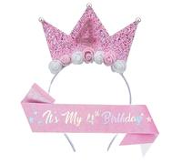 Leixi 4th Birthday Decoration for Girl,Pink Headband & Sash Set for Girl,Birthday Flower Princess Crown Headband for Outfit (Pink 4)