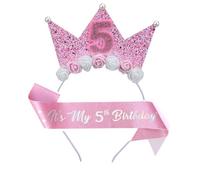 Leixi 5th Birthday Decoration for Girl,Pink Headband & Sash Set for Girl,Birthday Flower Princess Crown Headband for Outfit (Pink 5)