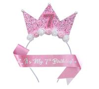 Leixi 7th Birthday Decoration for Girl,Pink Headband & Sash Set for Girl,Birthday Flower Princess Crown Headband for Outfit (Pink 7)