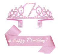 Leixi 7th Birthday Decorations for Girls,Pink Birthday Sash and Crown Tiara Set,Happy 7th Birthday Party Supplies(Pink 7th)