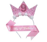 Leixi 9th Birthday Decoration for Girl,Pink Headband & Sash Set for Girl,Birthday Flower Princess Crown Headband for Outfit (Pink 9)