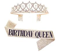 Leixi Birthday Queen Sash & Rhinestone Tiara Kit - 21st 30th Birthday Gifts Birthday Sash for Women Birthday Party Supplies (Gold)