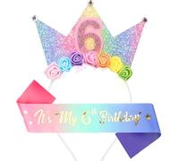 Leixi Headband & Glitter Sash Set for Girl Birthday Decor,Birthday Flower Princess Crown Headband for Girl Outfit (Purple 6)