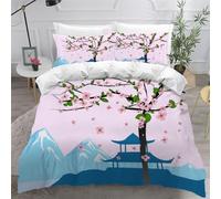 LeIxIaO Duvet Cover Double Size Japanese Cherry Blossoms Printing Bedding Set Lightweight Luxury Bedroom Decor Mount Fuji Soft Microfiber Comforter Cover With Zipper Closure+2 PillowCases,155x220