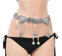 LEIXIUSM Vintage Silver Metal Carved Coin Tassel Dress Clothing Waist Long Chain Belly Dance Belt Body Jewelry Belt, one size