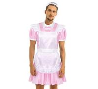 Lejafay Men French Maid Costume Halloween Cosplay Outfits Sissy Maid Fancy Dress Satin Apron and Headband 3Pcs Set Pink XXL