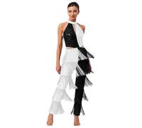 Lejafay Women Sleeveless Color Block Fringe Tassel Jumpsuit Latin Jazz Dance Costume for Ballroom Rumba Tango Salsa White S