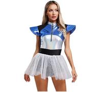 Lejafay Women's Cap Sleeve Metallic Contrast Color Sparkle Mesh Tutu Dress Halloween Space Alien Tutu Costume Silver XL