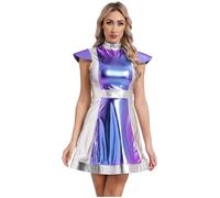 Lejafay Women's Cap Sleeve Space Cadet Mini Dress Alien Metallic Contrast Color Halloween Costume Silver S