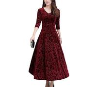 Lejafay Women's Elegant Velvet Long Sleeve Jacquard Maxi Swing Dress Winter Wedding Ball Gown Maxi Dress Burgundy XL