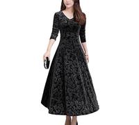 Lejafay Women's Elegant Velvet Long Sleeve Jacquard Maxi Swing Dress Winter Wedding Ball Gown Maxi Dress Black XL
