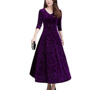 Lejafay Women's Elegant Velvet Long Sleeve Jacquard Maxi Swing Dress Winter Wedding Ball Gown Maxi Dress Purple XL