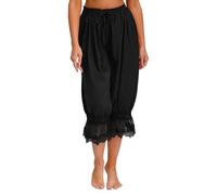 Lejafay Womens Lace Trim Long Bloomers Loungewear Elastic Waist Drawstring for Summer Daily Wear Black L